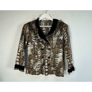 Alberto Makali Womens Animal Print Double Breasted Button Blouse Top Medium Gold